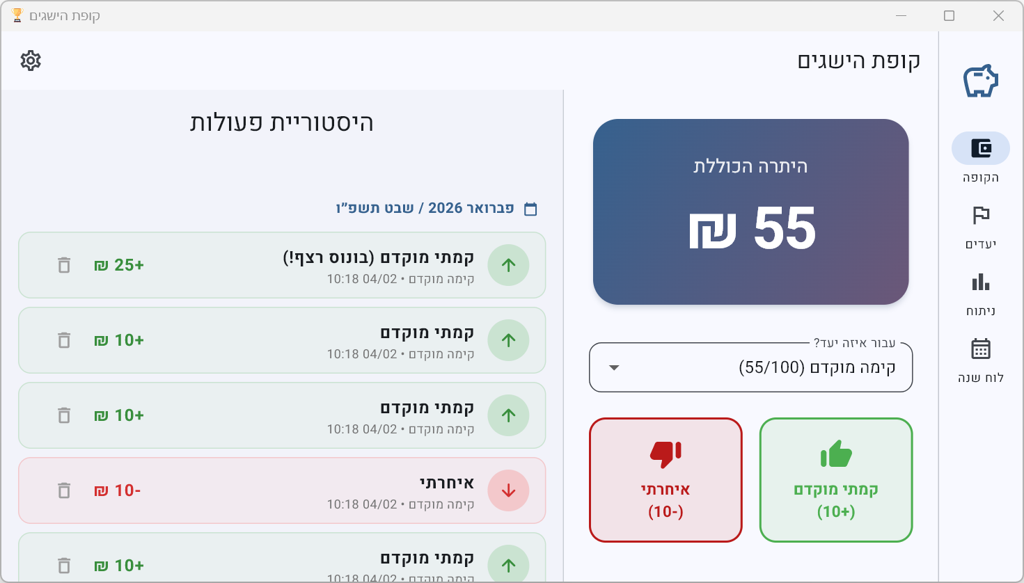 מסך הקופה של הישגים עם יתרה והיסטוריית פעולות